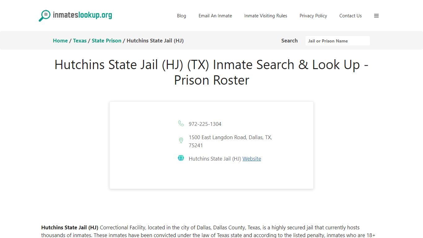 Hutchins State Jail (HJ) (TX) Inmate Search & Look Up - Inmate Lookup